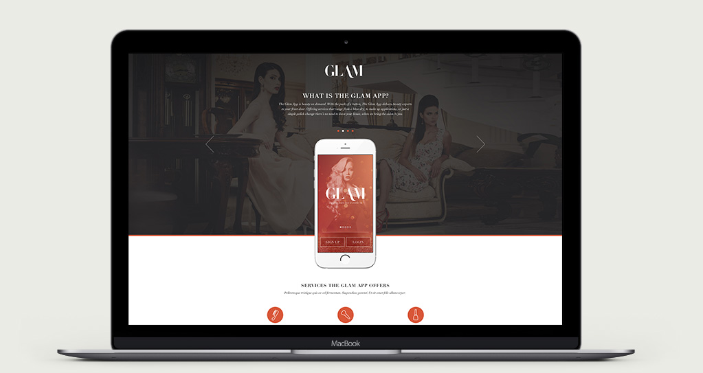 An open laptop showing the homepage of theglamapp.com