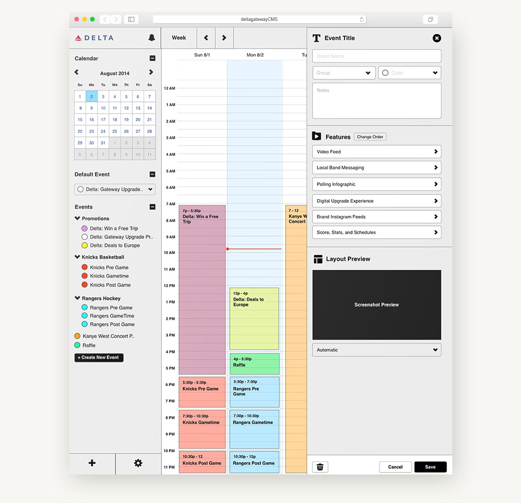 CMS screen for scheduling all content to appear on large screen