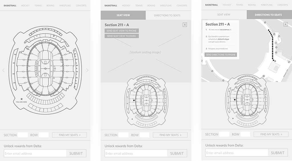 UX wireframes of MSG seat finder