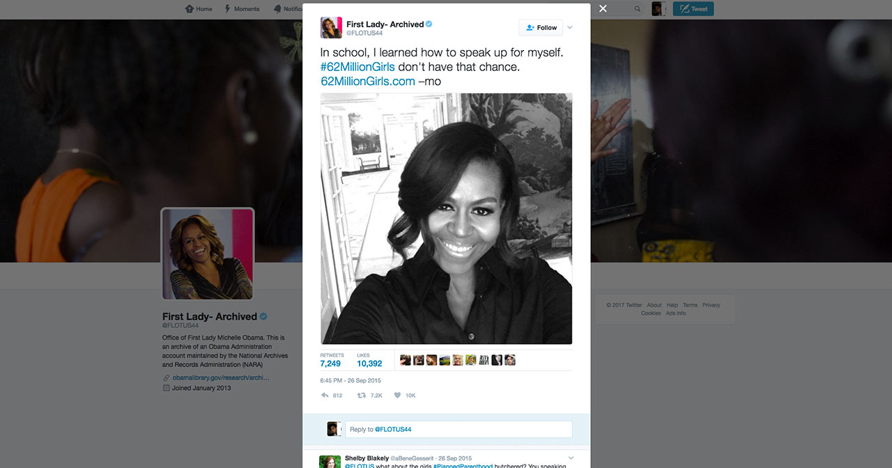 Michelle Obama's #62milliongirls twitter post.
