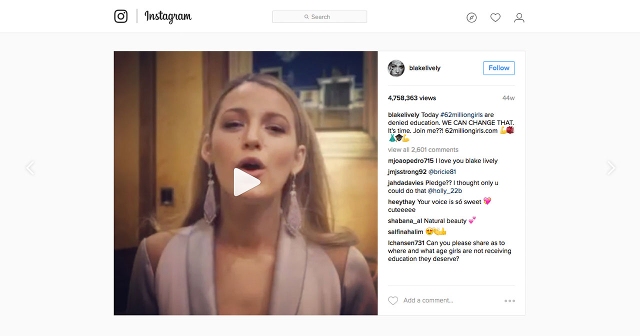Blake Lively's #62milliongirls instagram video post.