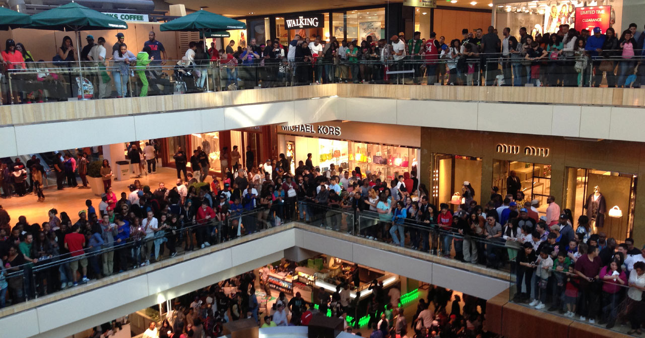 Three levels of very crowded floors at the Houston Galleria.