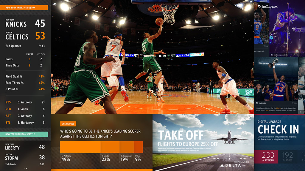 Large screen split into sections showing live NBA game, scores and stats, Instagram feeds, polls, and sweepstakes.