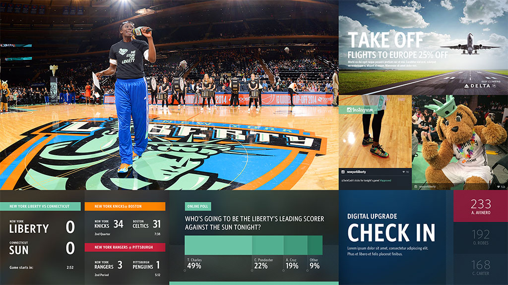 MSG Gateway screen showing WNBA pregame video feed, NBA scores, online poll, Instagram feed