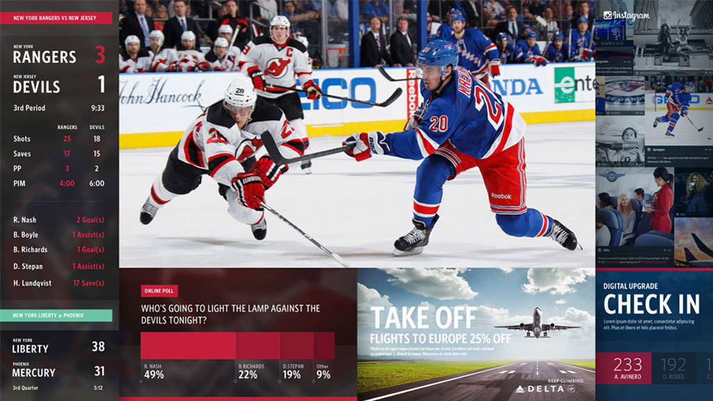 MSG Gateway screen showing NHL stats, live video, online poll, WNBA scores, Instagram feeds.