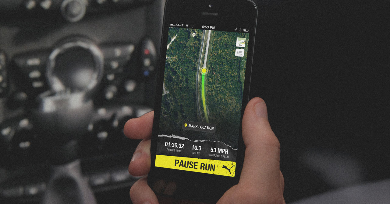 #zombiecat drive route app seen on a phone held in a car.